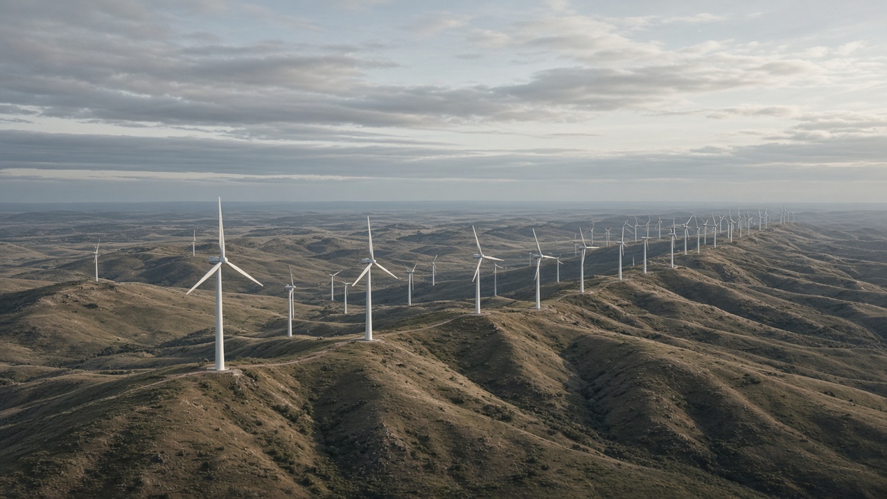 Wide aerial view of wind turbines and access tracks across the Hornsdale project area