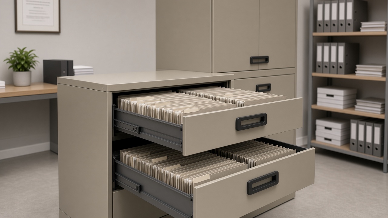 Indexed regulatory files and binders in a neutral office setting