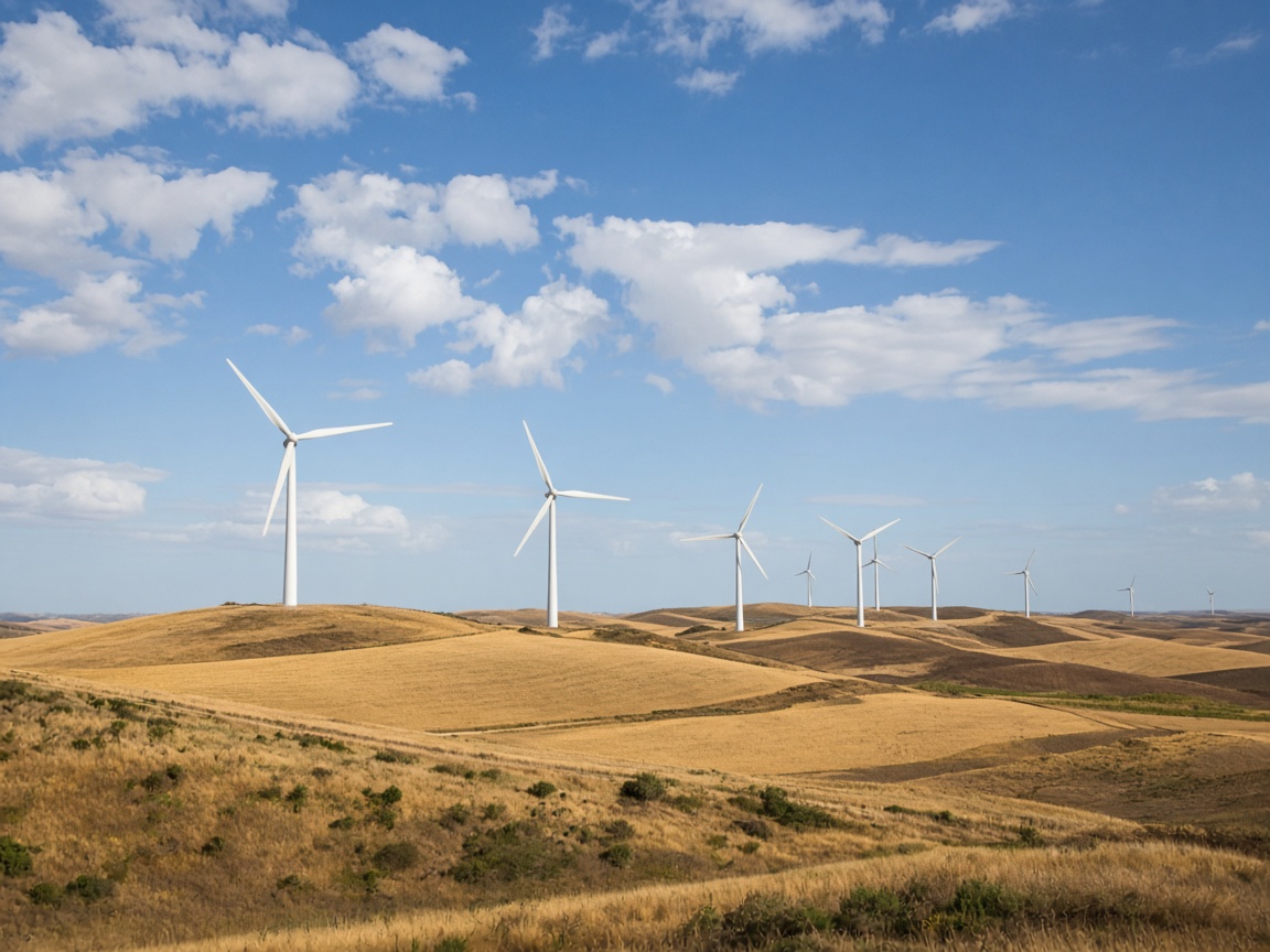 Wide landscape view of wind turbines at the Hornsdale renewable energy project