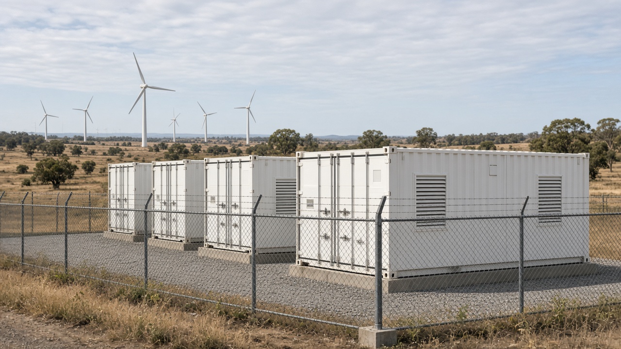 Battery storage containers installed adjacent to wind infrastructure