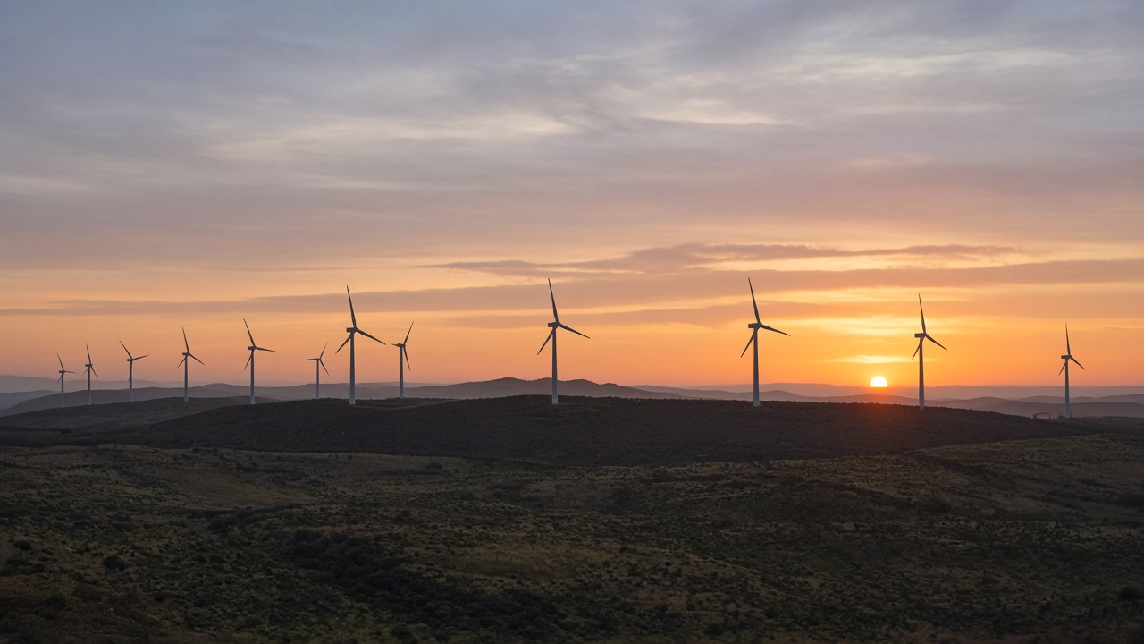 Wind turbine row along a ridgeline at Hornsdale