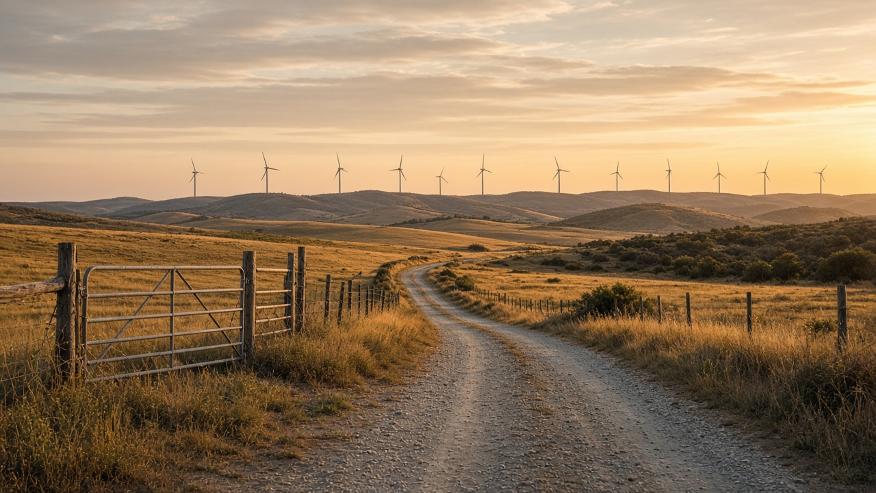 Farm access road toward distant wind turbines