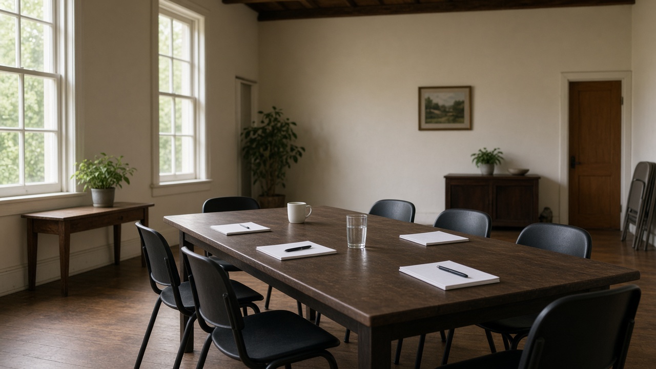 Rural community hall interior with meeting table