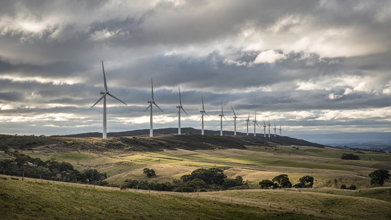 Wind turbines on ridge under variable cloud cover
