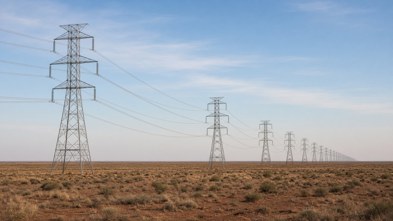Transmission towers leading from the project toward the wider network