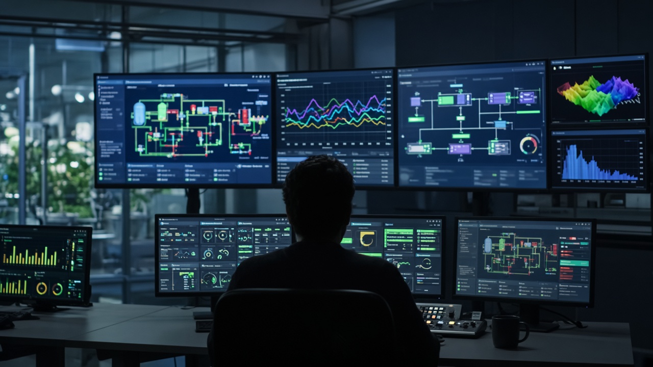 Control room monitors displaying SCADA summaries