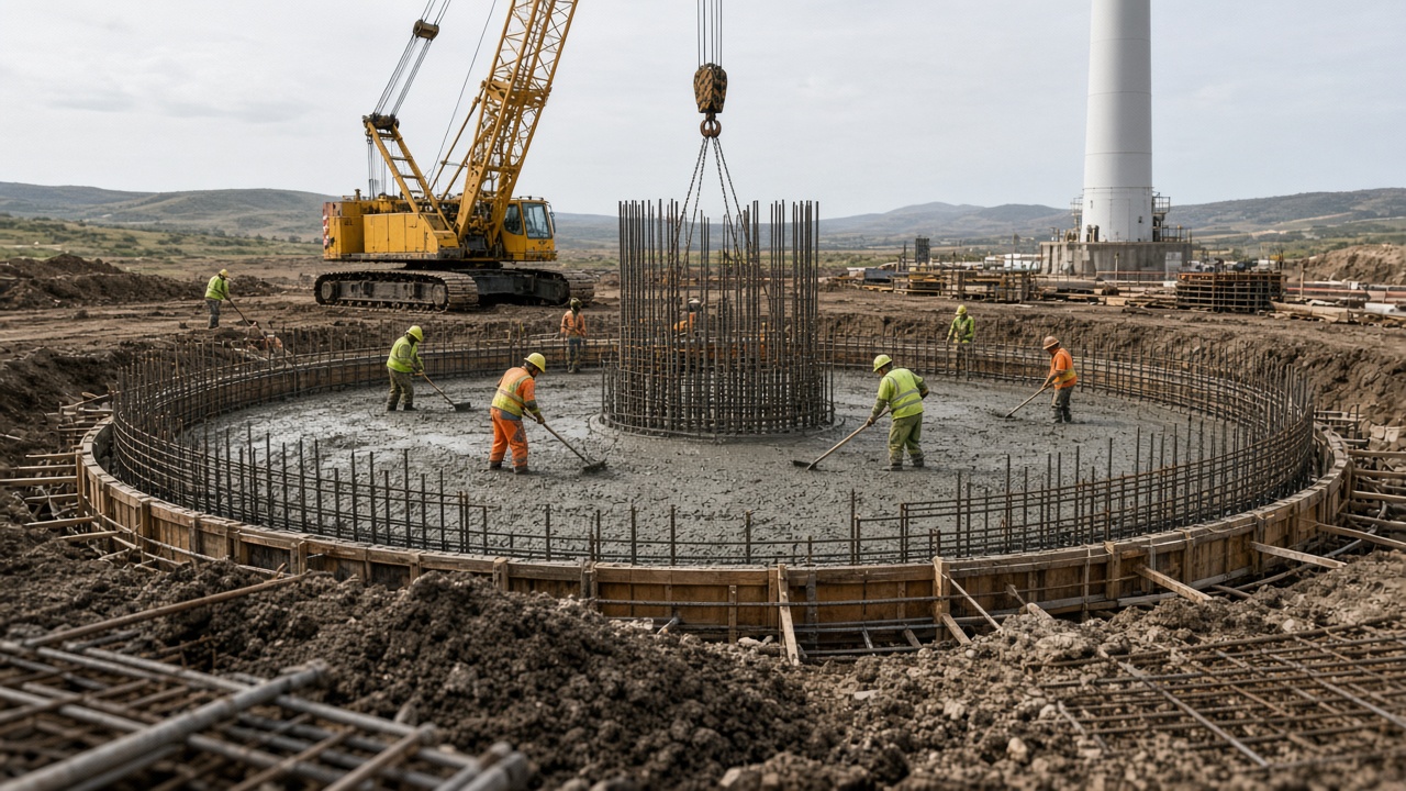 Turbine foundations and crane activity during wind farm construction