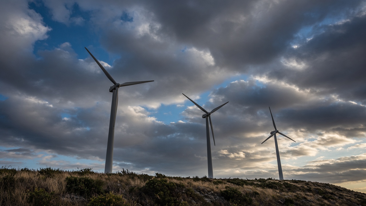 Wind turbines aligned along a ridge at Hornsdale